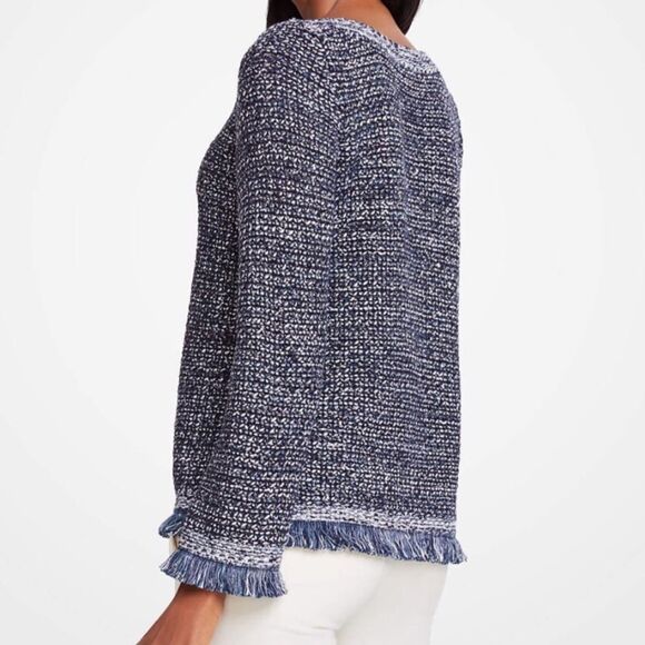 Ann Taylor Navy Blue Metallic Silver Sequin Boat Neck Fringed Knit Sweater - Picture 2 of 16
